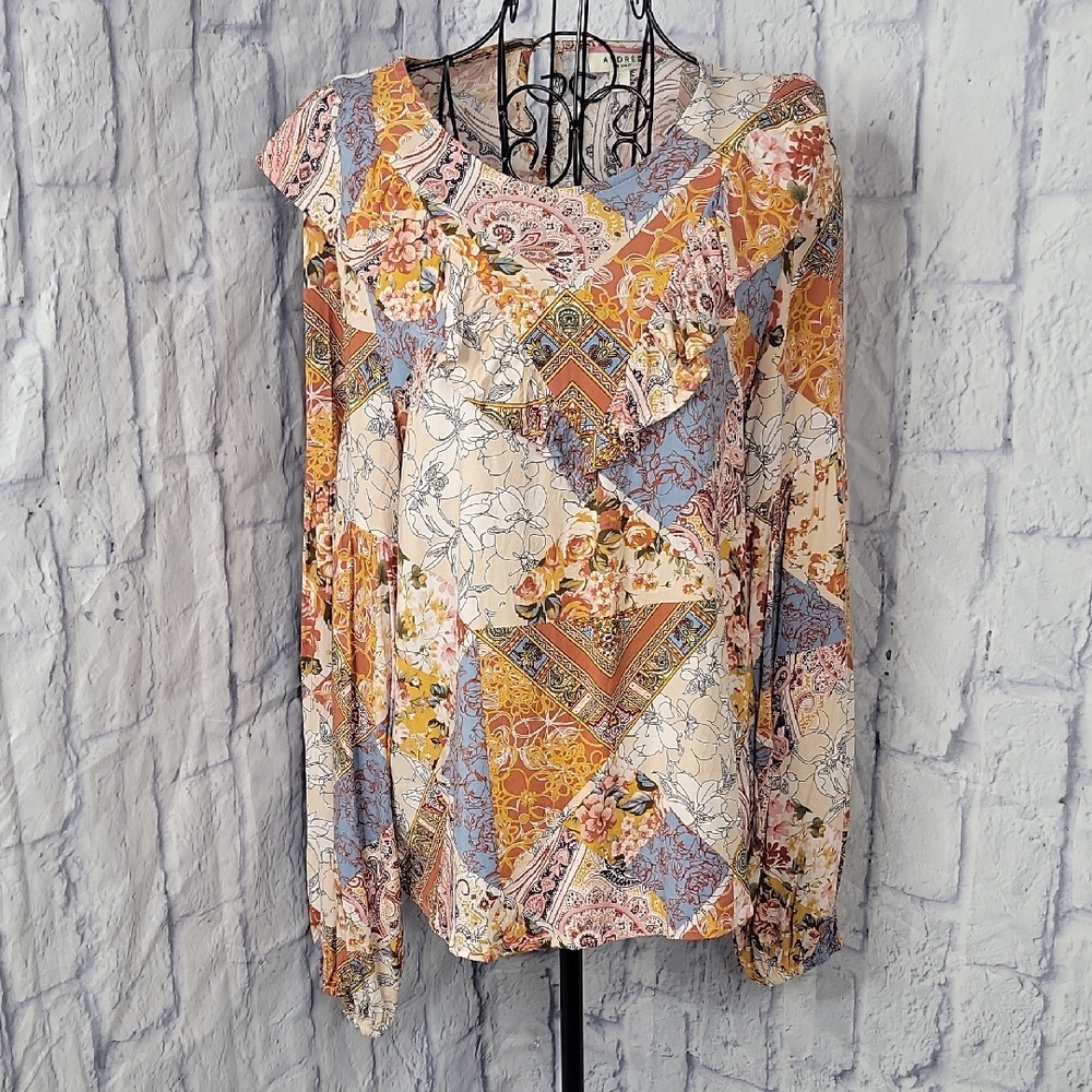 Andree by Unit Patchwork Floral Long Sleeves Ruffled Boho Blouse‎ Large